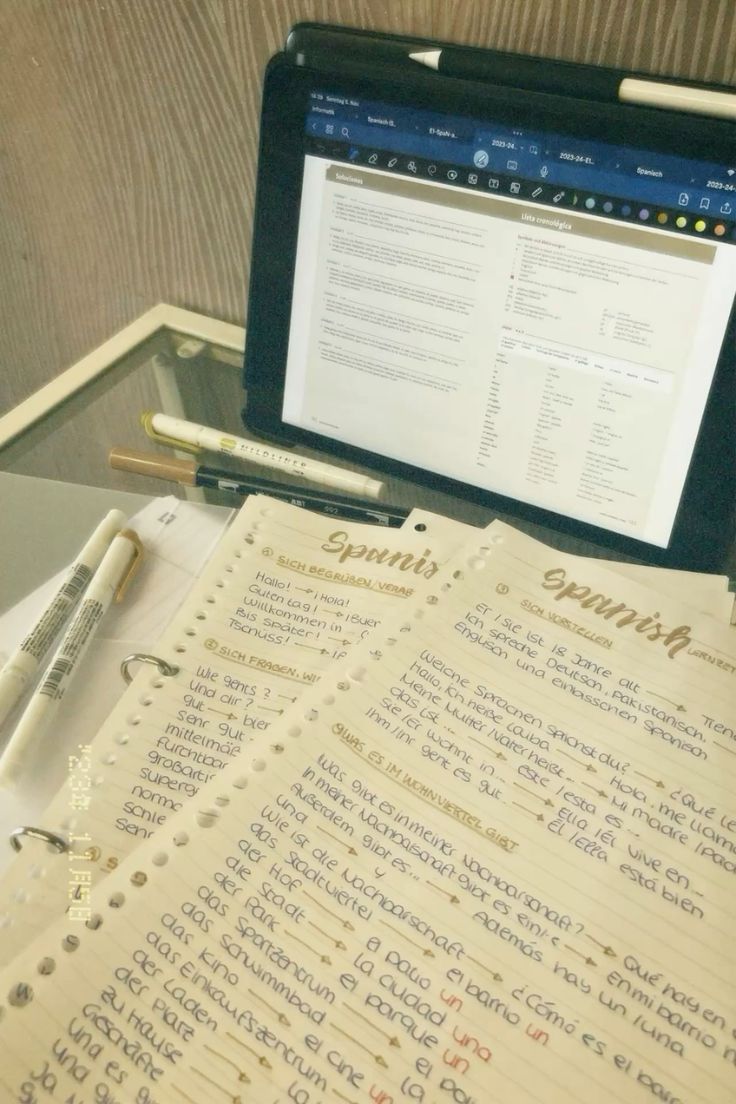 Handwritten Spanish conversation notes on a study desk.
